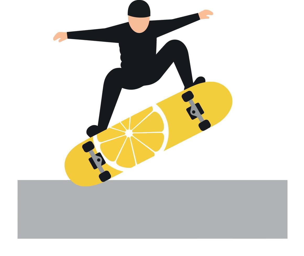 Skateboarder performing trick on yellow skateboard with lemon design illustration vector