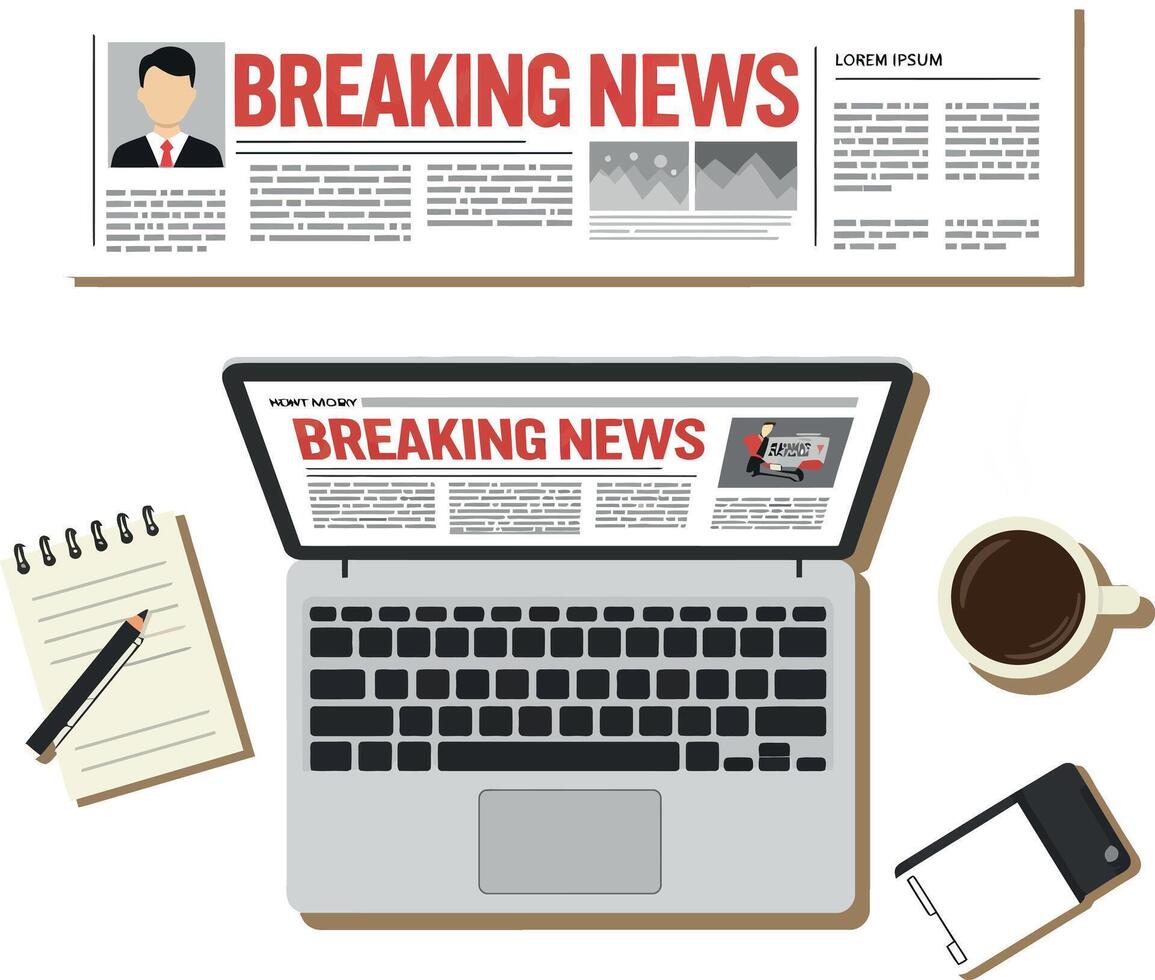 Laptop showing breaking news with coffee cup smartphone notepad and pen flat design illustration vector