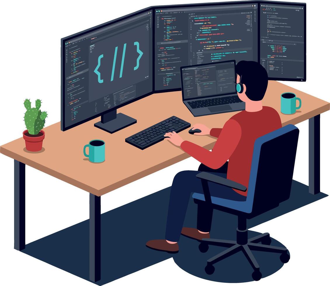 programador trabajando en múltiple pantallas codificación a escritorio en moderno plano ilustración vector