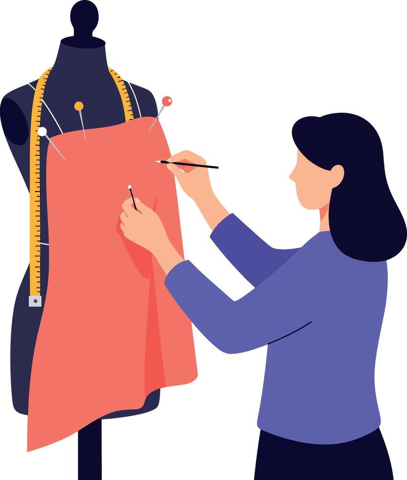 Woman Tailor Sewing Red Fabric on Mannequin with Measuring Tape Illustration vector