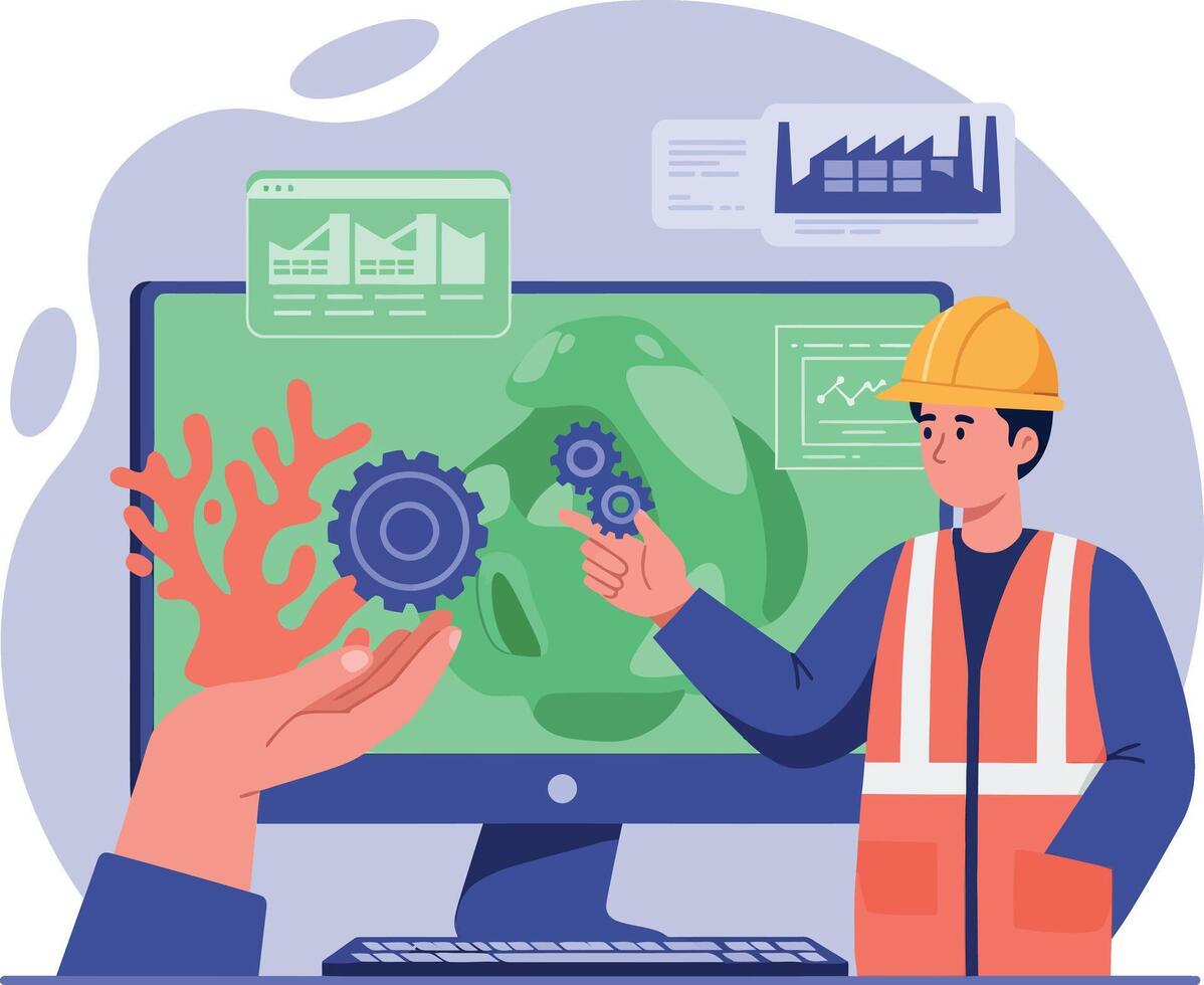 Industrial engineer in safety vest and helmet analyzing green factory gears on computer screen flat illustration vector