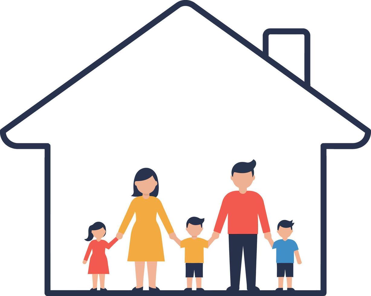 Family standing inside house outline illustration concept of home and togetherness vector