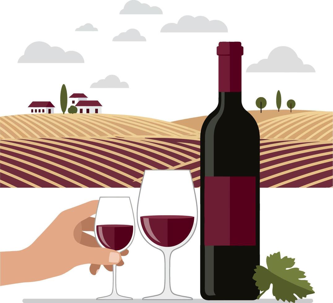 Red wine bottle with two glasses and hand holding glass in vineyard landscape flat design art vector