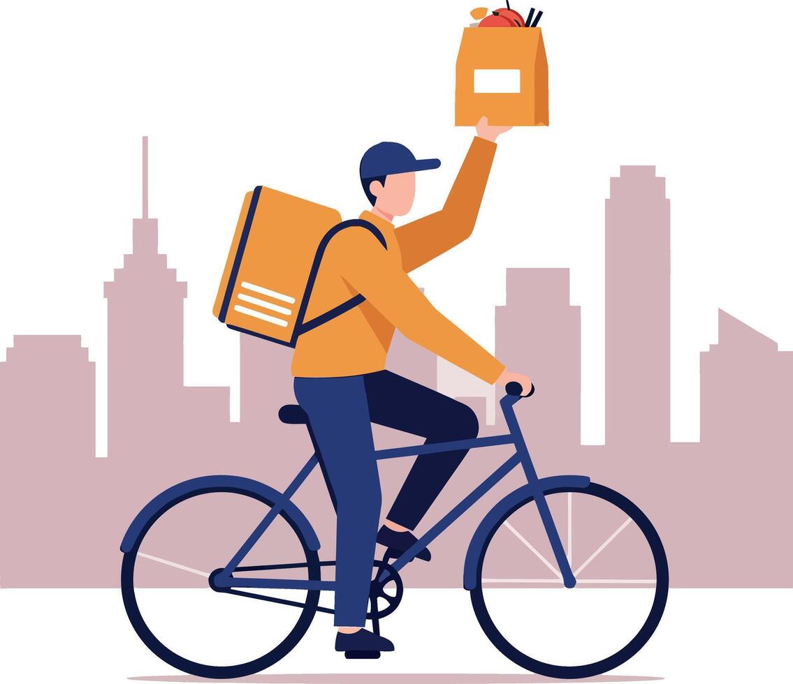 Bicycle food delivery courier riding in cityscape urban environment illustration vector