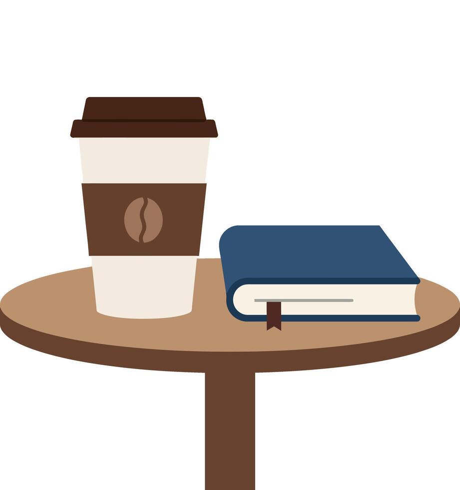 Coffee cup with brown lid and book on round table flat minimal illustration vector