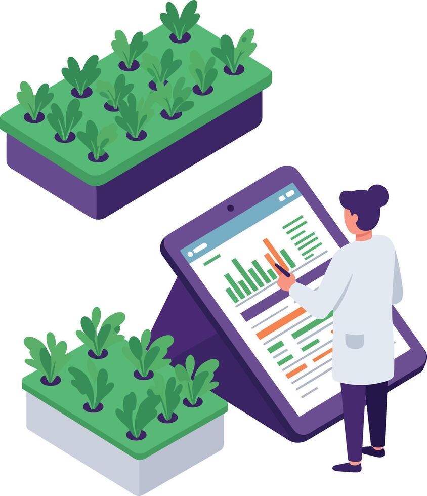 Scientist analyzing plant growth data with digital tablet in isometric flat design illustration vector