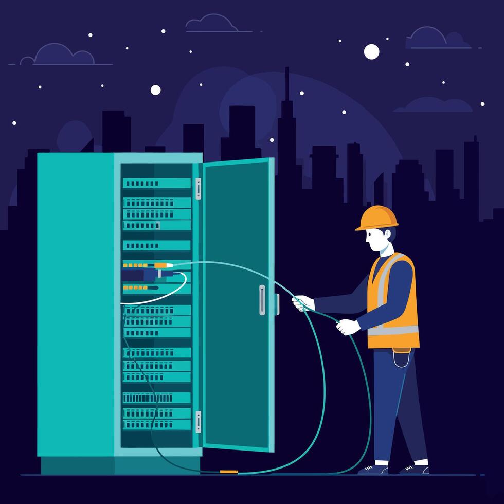 Network technician connecting cables to server rack at night cityscape flat design illustration vector