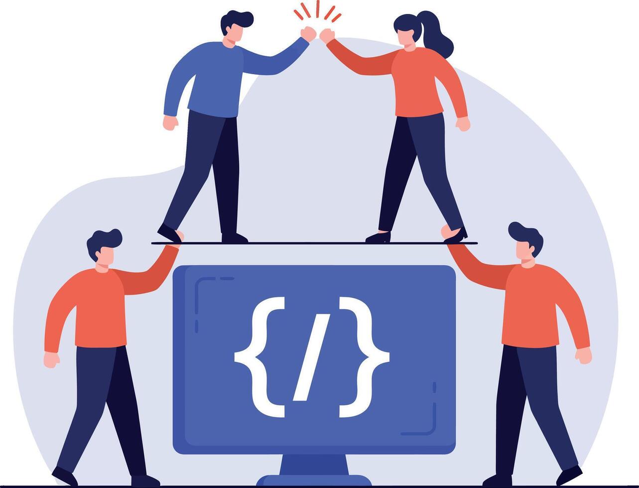Teamwork and collaboration concept with programmers coding on computer screen illustration vector