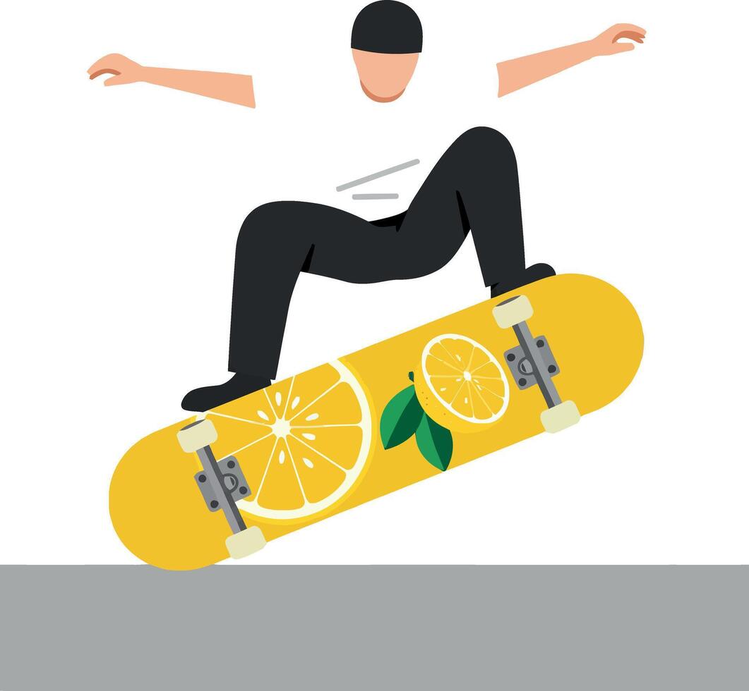 Skateboarder performing trick on yellow lemon design skateboard illustration vector