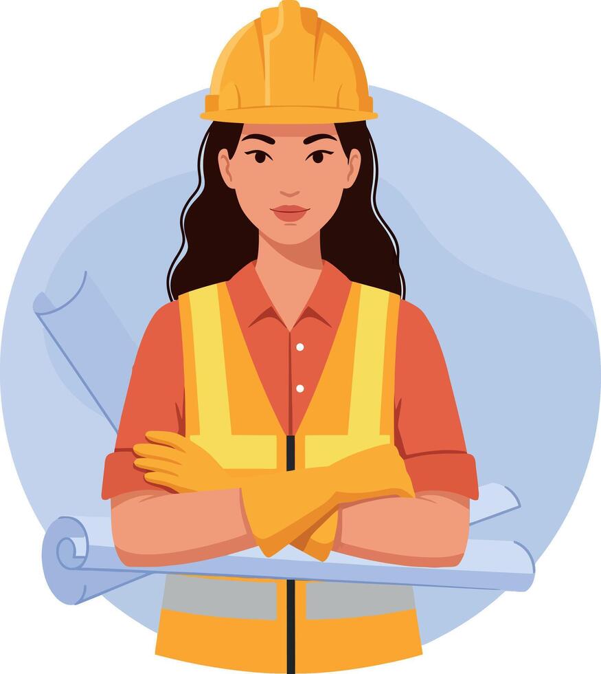 Female Construction Worker Wearing Yellow Hard Hat and Safety Vest Holding Blueprints Illustration vector