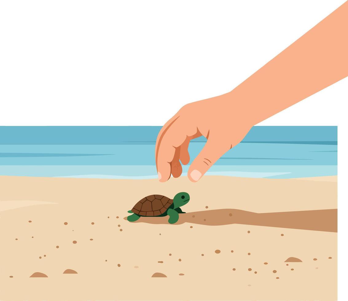 Small turtle on sandy beach with human hand reaching down illustration vector