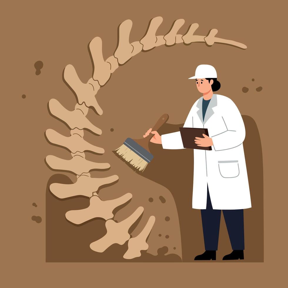 Archaeologist Excavating Dinosaur Fossil Bone Illustration with Brush and Clipboard vector