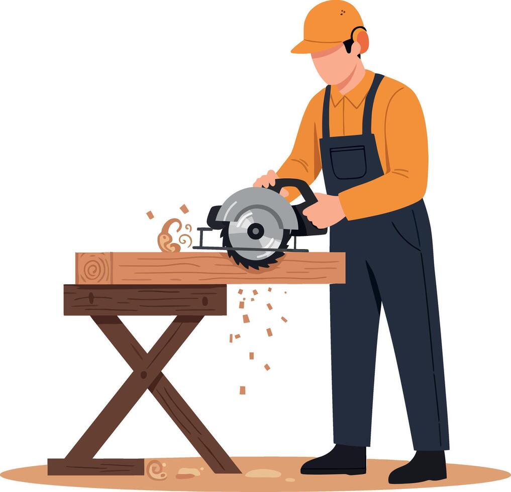 Carpenter Cutting Wood with Circular Saw in Workshop Illustration vector