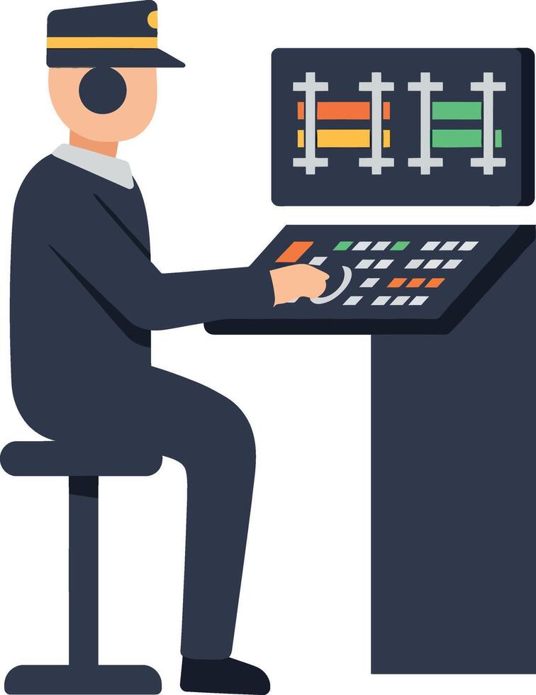 Train conductor in uniform operating control panel with colorful gauges flat design illustration vector