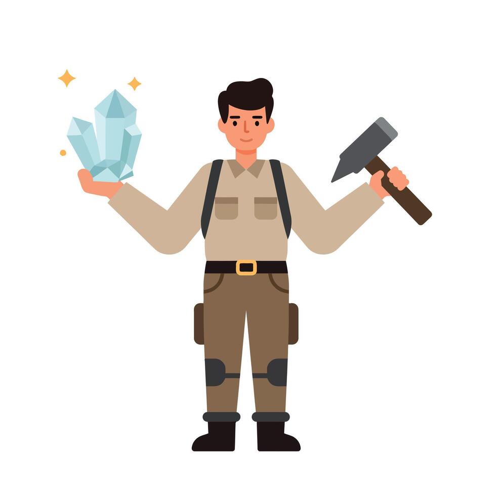Miner holding shiny crystal and pickaxe in workwear illustration vector