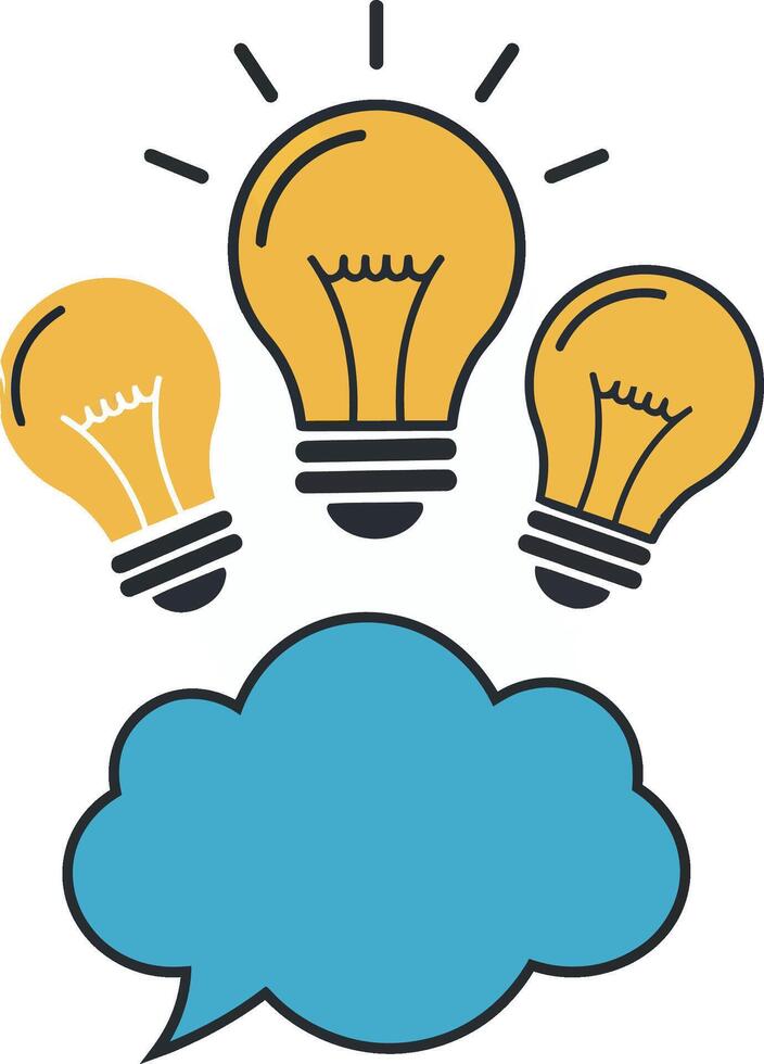 Three glowing yellow light bulbs above blue speech bubble minimal flat design creative idea illustration vector