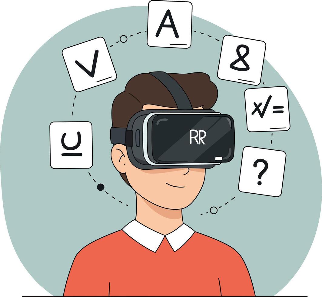 Young man wearing virtual reality headset exploring educational math symbols flat design illustration vector