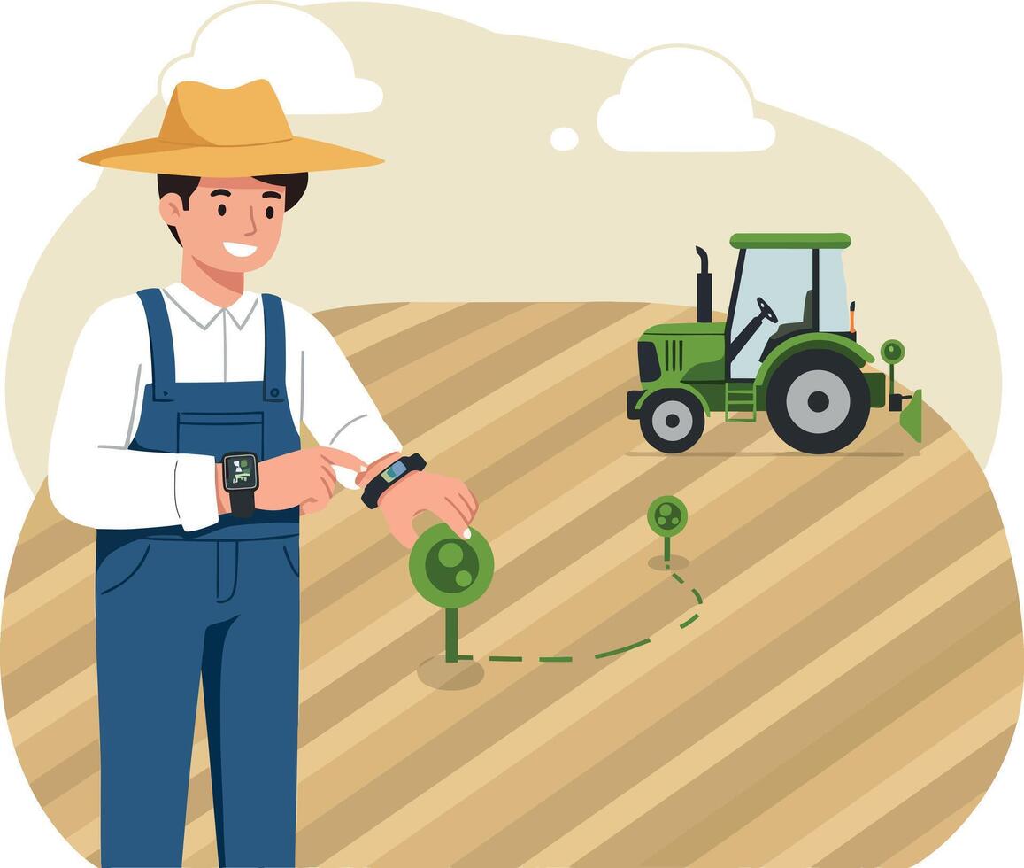 Farmer in straw hat with smartwatch controlling green tractor on plowed field flat illustration vector