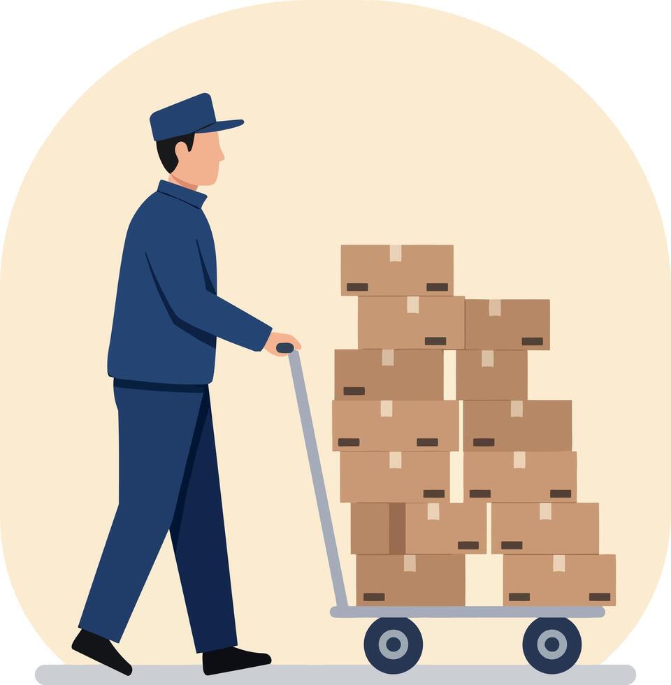 Delivery worker in uniform pushing hand truck with stacked cardboard boxes flat minimal illustration vector
