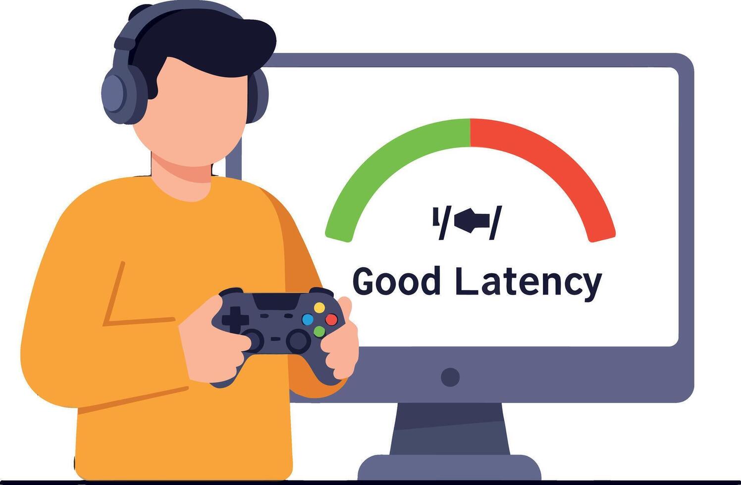 Young man gaming with headphones playing game controller flat style digital latency illustration vector
