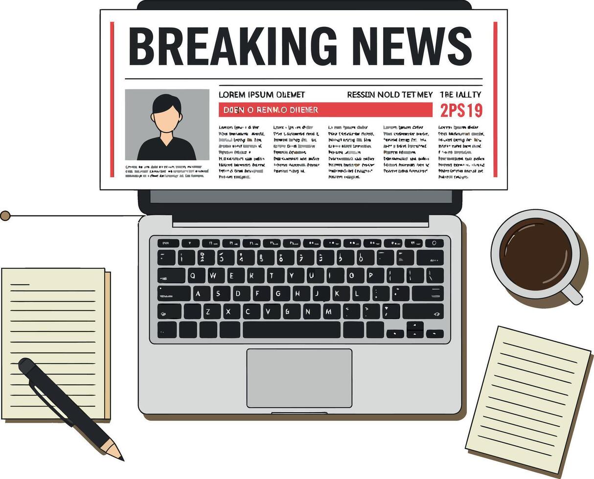 Laptop with breaking news headline flat design workspace with coffee and notepads illustration vector