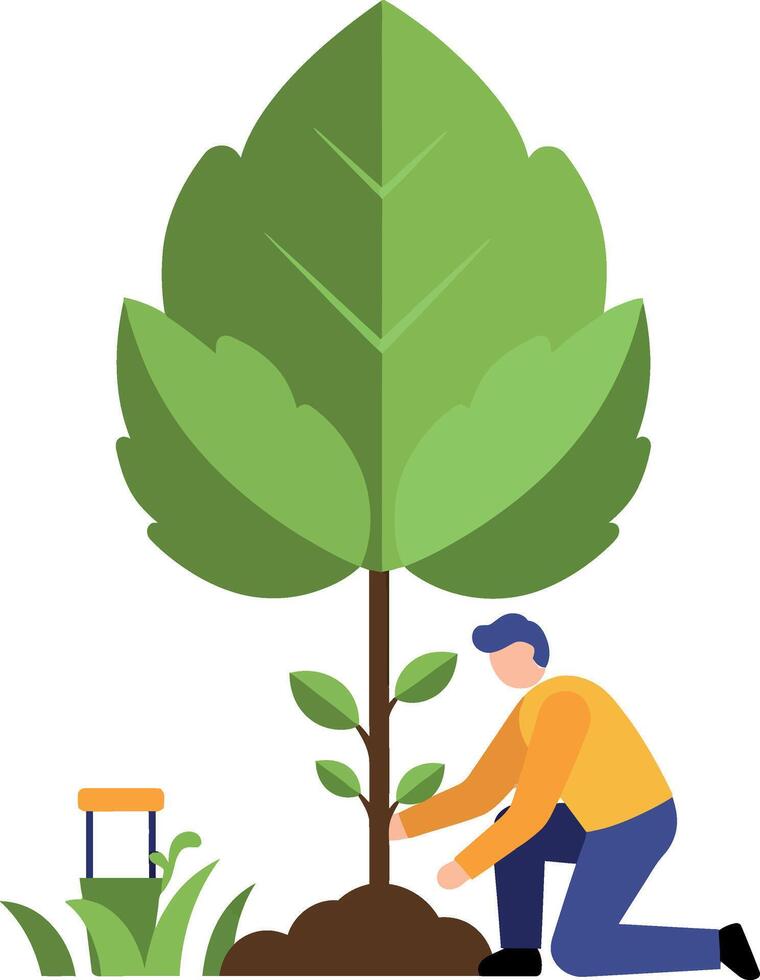 Man Planting Tree Symbolizing Environmental Care and Growth in Green Nature Scene vector