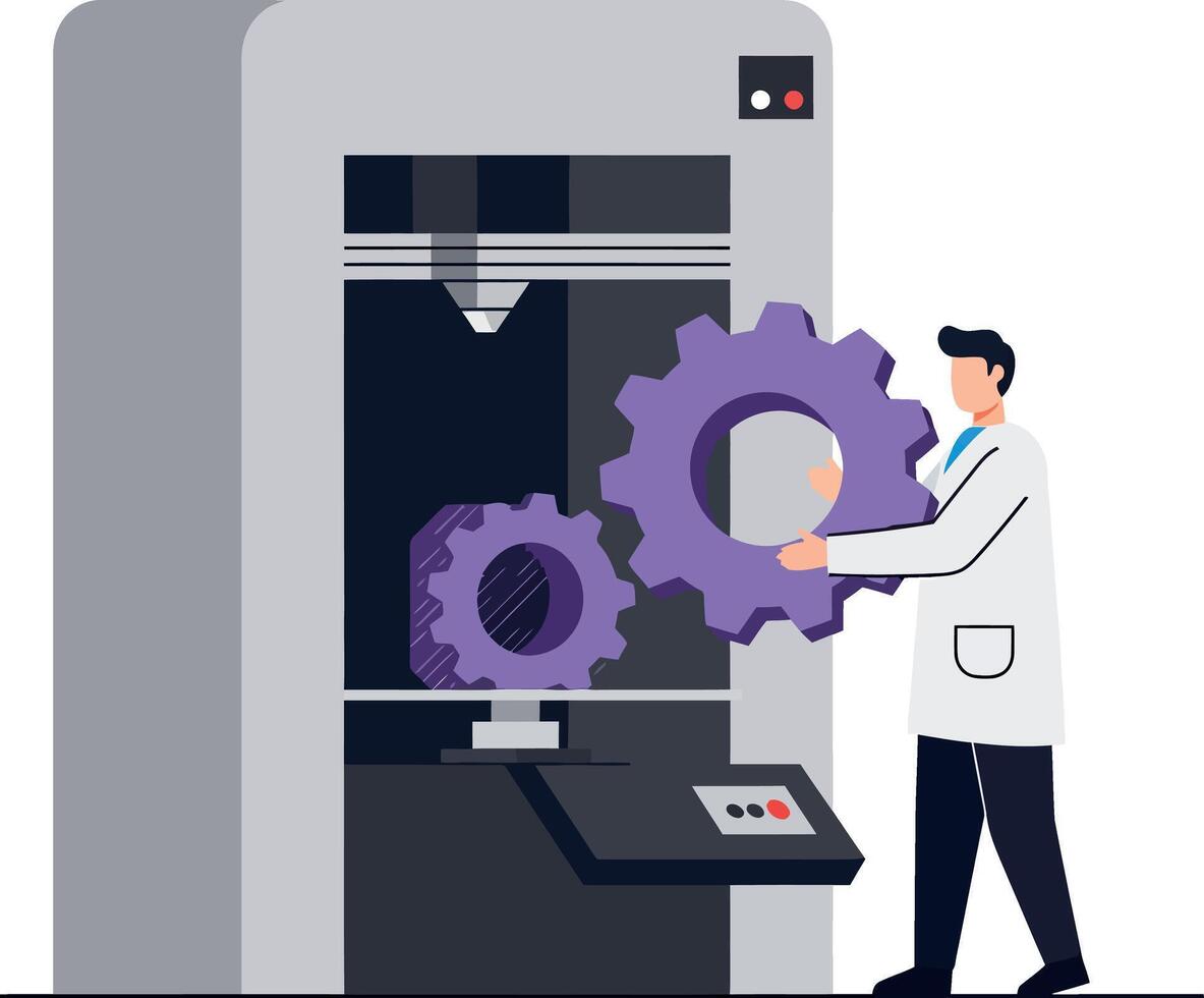 Technician in white coat operating large machine with purple gears flat style illustration vector