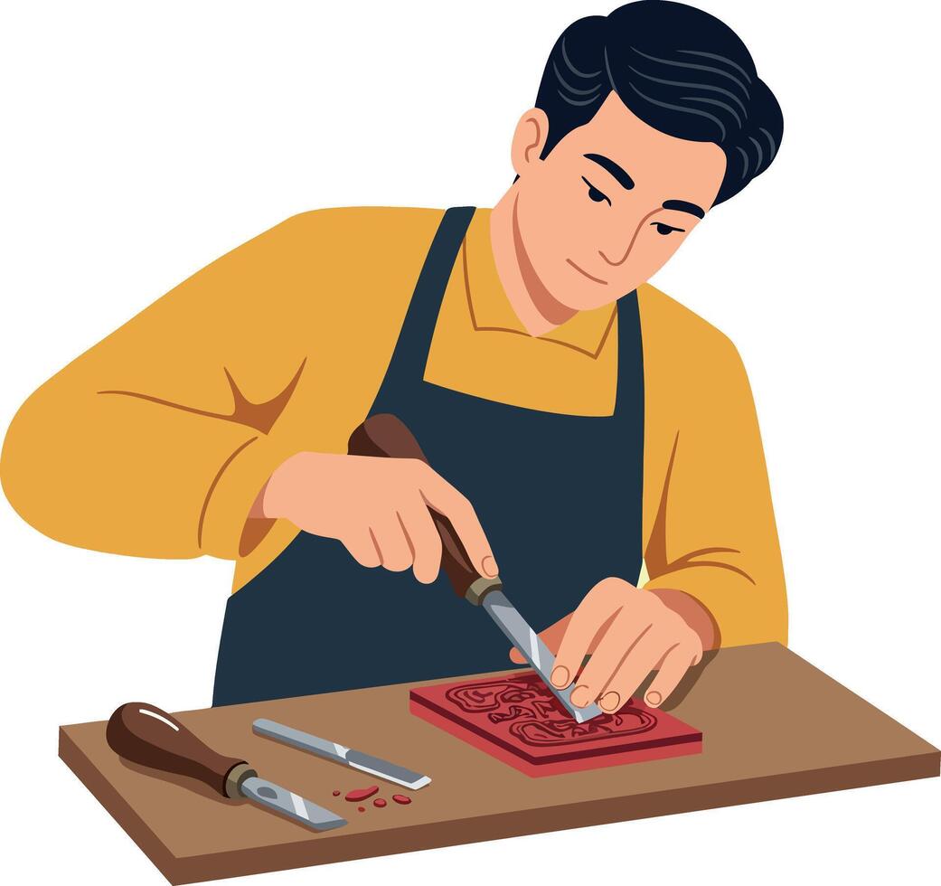 Man carving wood with chisel and mallet on wooden table illustration vector
