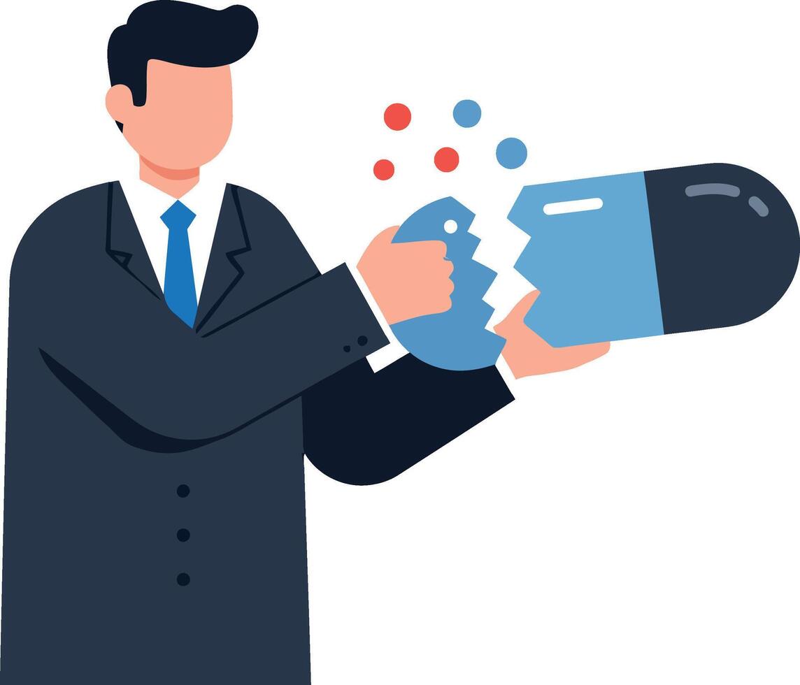 Businessman holding and breaking large capsule pill with colorful particles illustration vector
