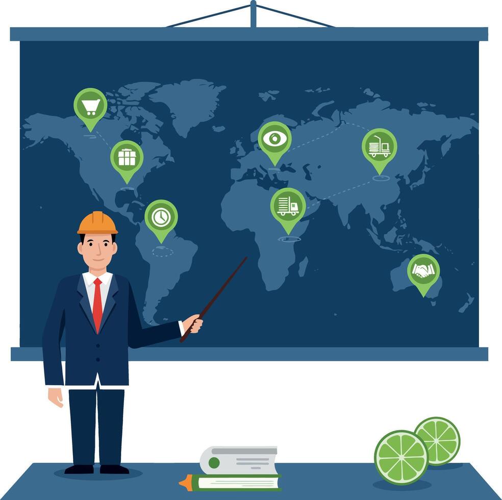 Businessman in suit and helmet pointing at global map with location markers flat design illustration vector