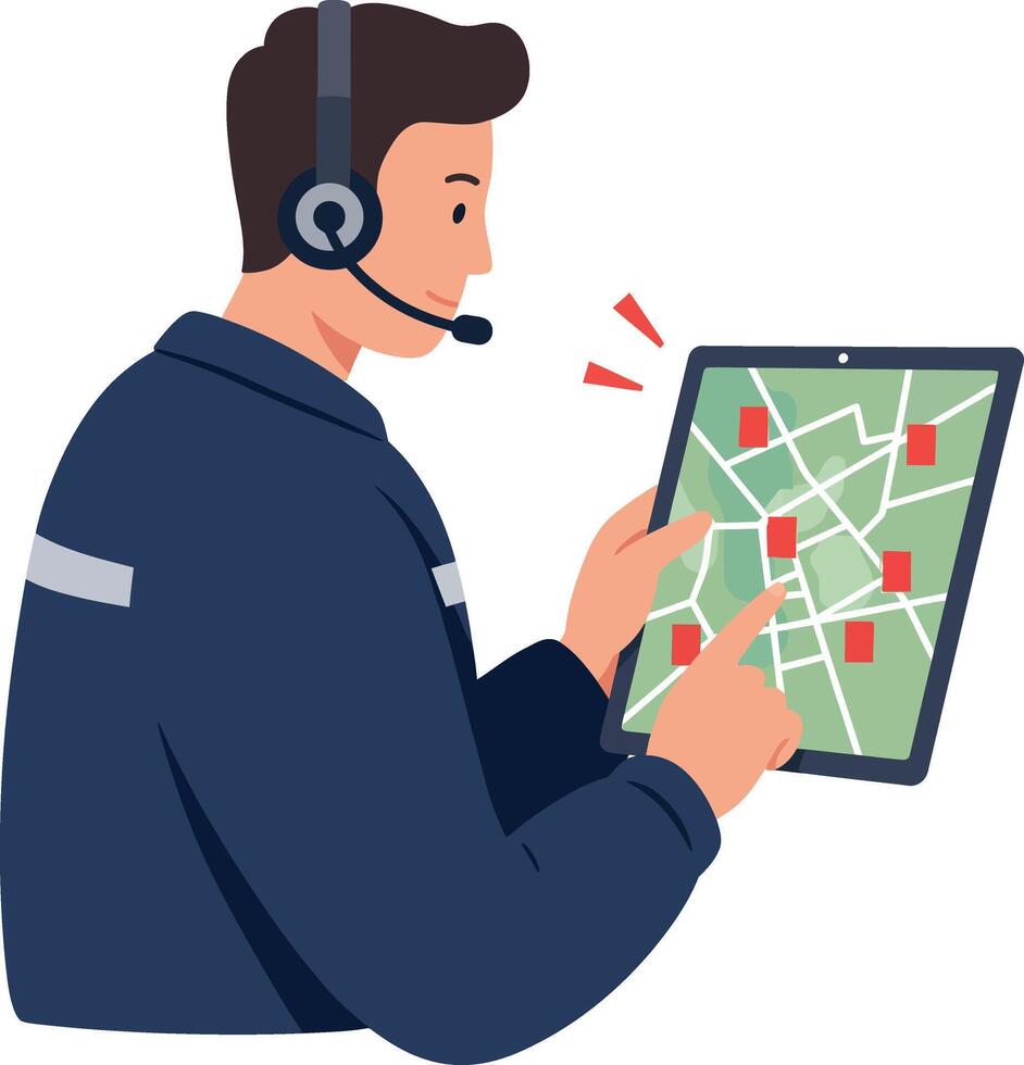 Male customer support agent using digital tablet with headset flat design art vector