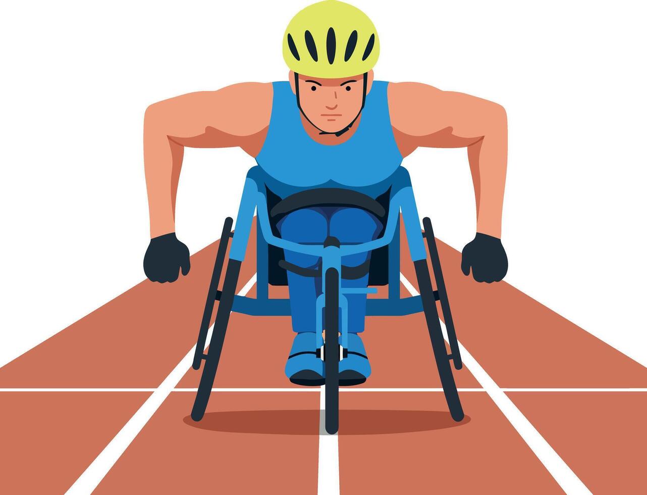 Athlete in wheelchair racing on track wearing helmet and gloves illustration vector