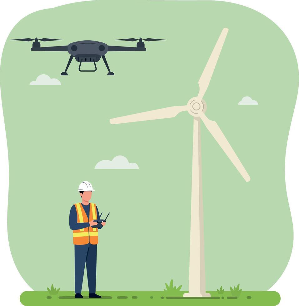 Engineer operating drone near large white wind turbine in flat minimal green landscape illustration vector