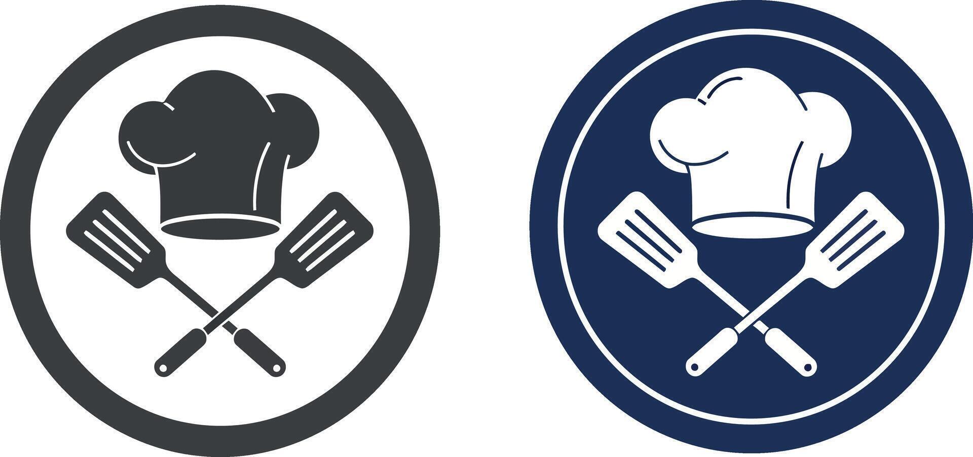 Chef hat with crossed spatulas cooking tools minimal flat icon design illustration vector