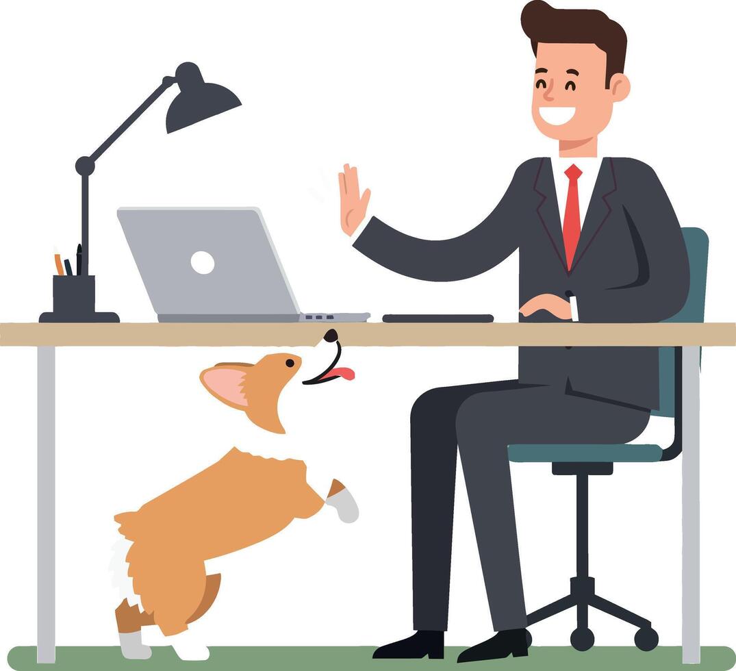 Man working at desk with laptop and happy dog indoors illustration vector