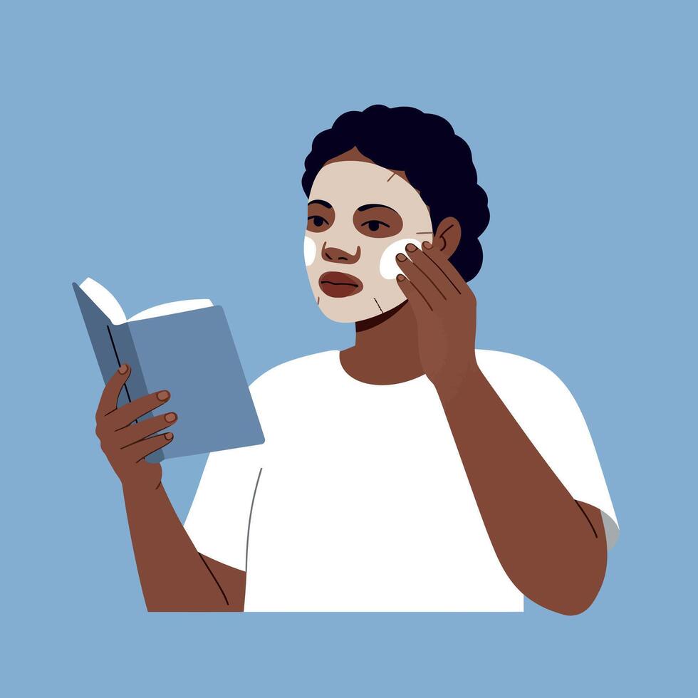 Woman applying facial mask while reading book blue background illustration vector