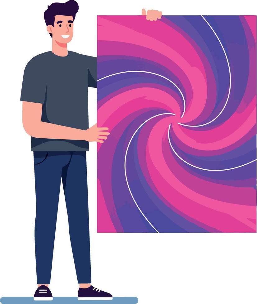 Young man holding abstract colorful swirl poster with pink and purple hues illustration vector