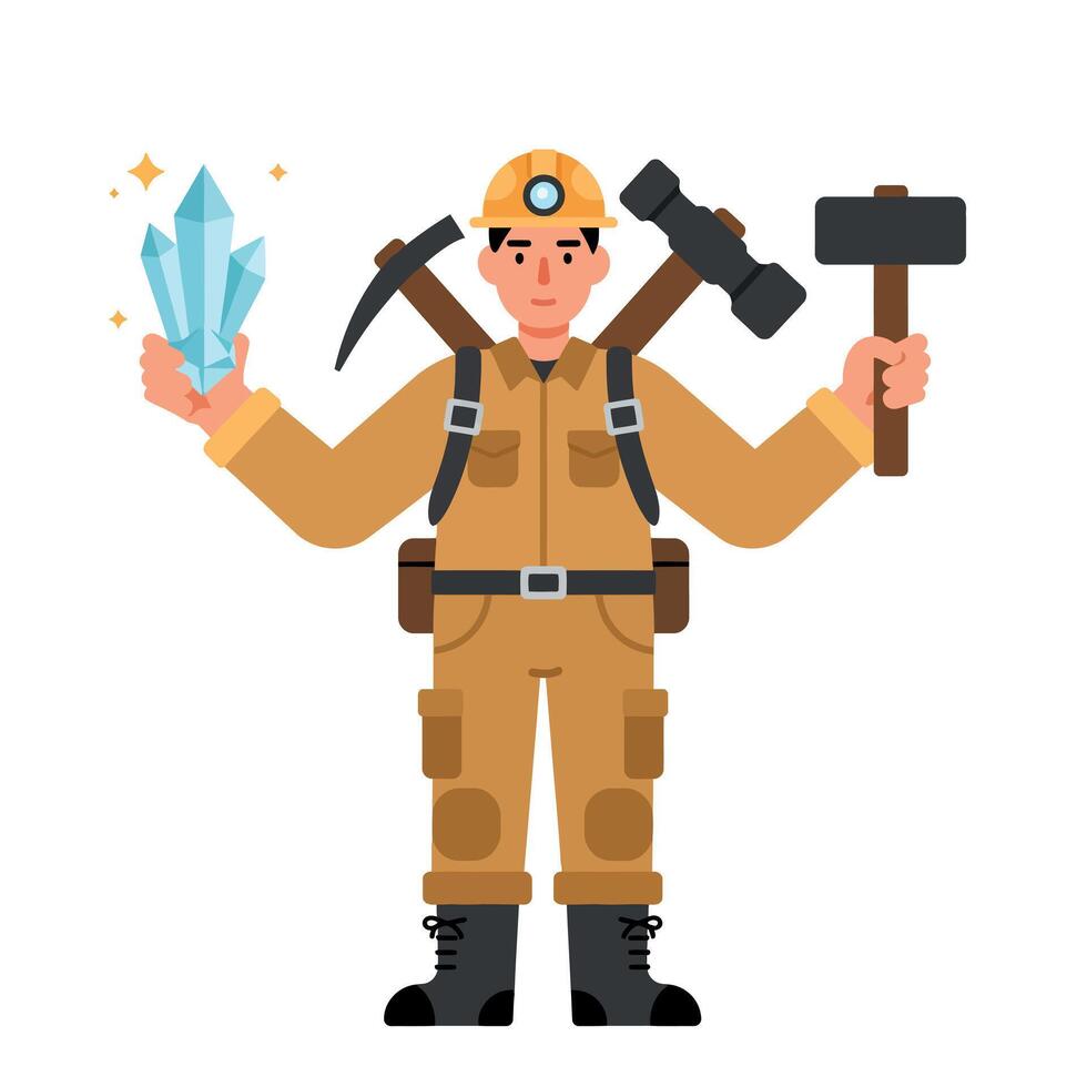Miner holding crystal and mining tools flat illustration with brown uniform and helmet vector