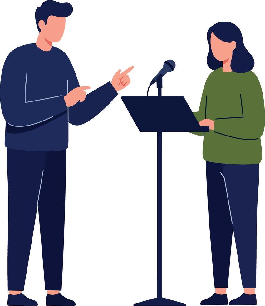 Two young adults rehearsing speech with microphone stand flat design illustration vector