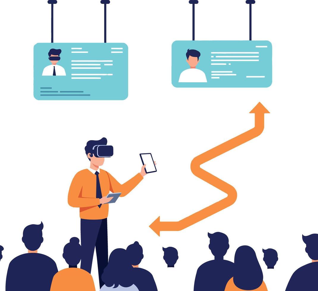 Businessman wearing virtual reality headset presenting data to audience with digital profiles flat illustration vector