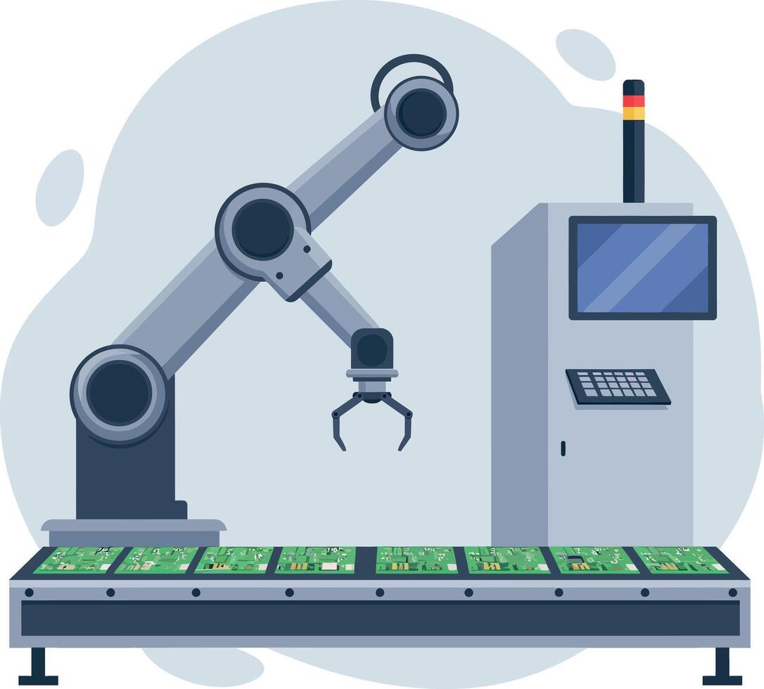 Industrial robotic arm assembling electronic circuit boards on conveyor belt flat design illustration vector