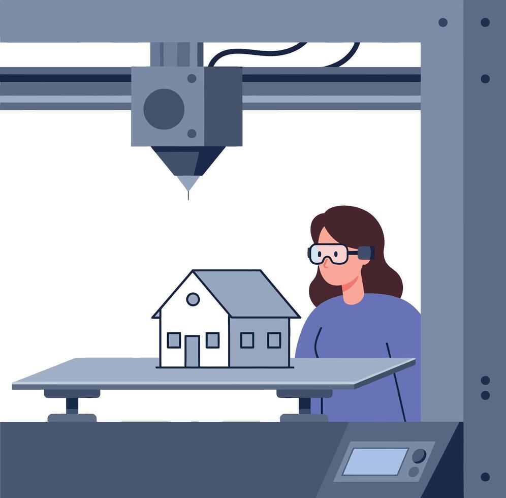 Woman operating 3D printer creating house model illustration design vector