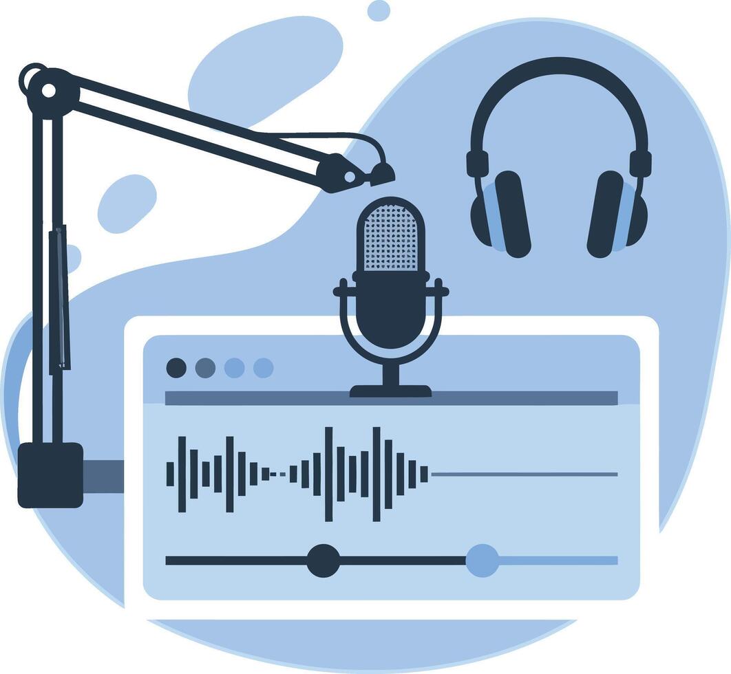 Podcast recording setup with microphone, headphones, and audio waveform in flat minimal style illustration vector