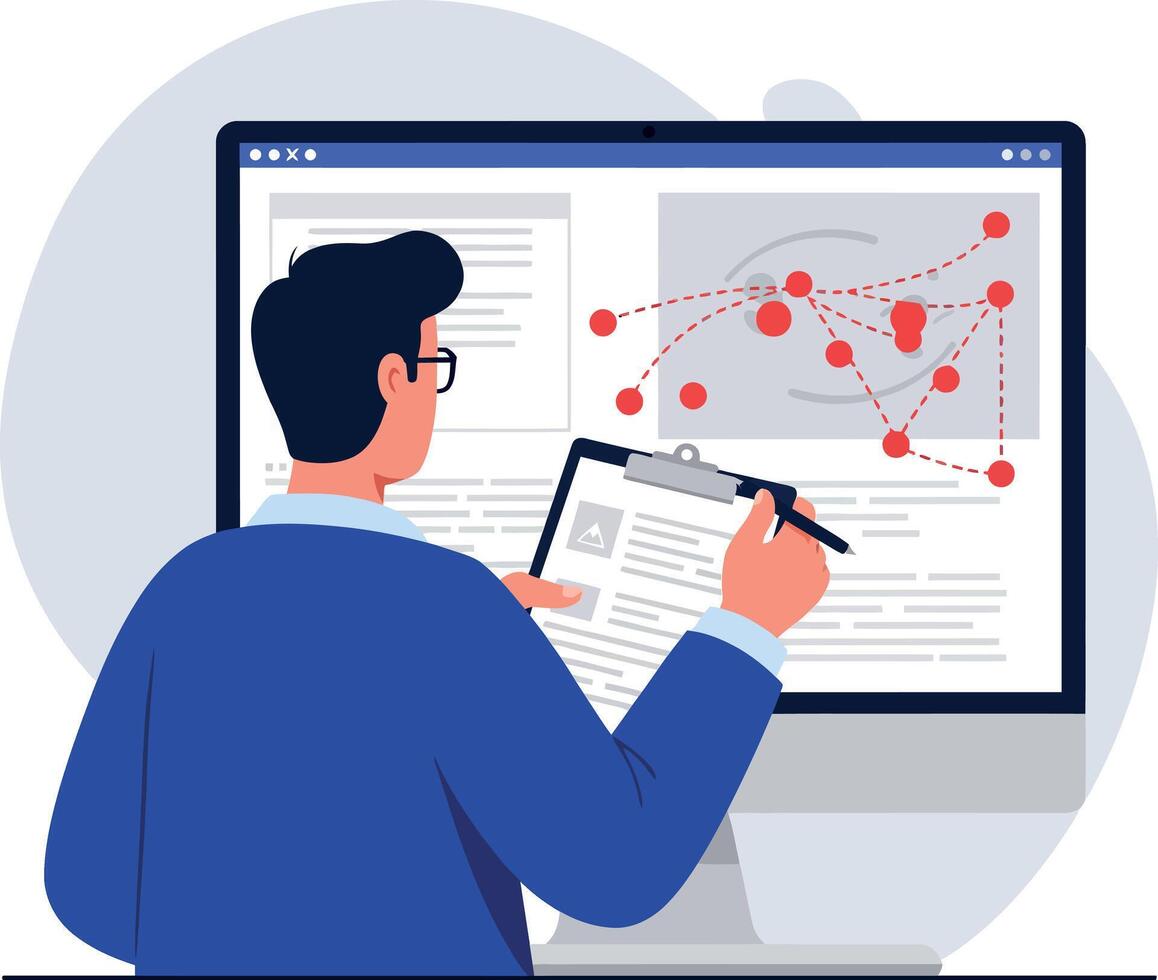 Man analyzing data on computer screen with document and pen in flat style illustration vector
