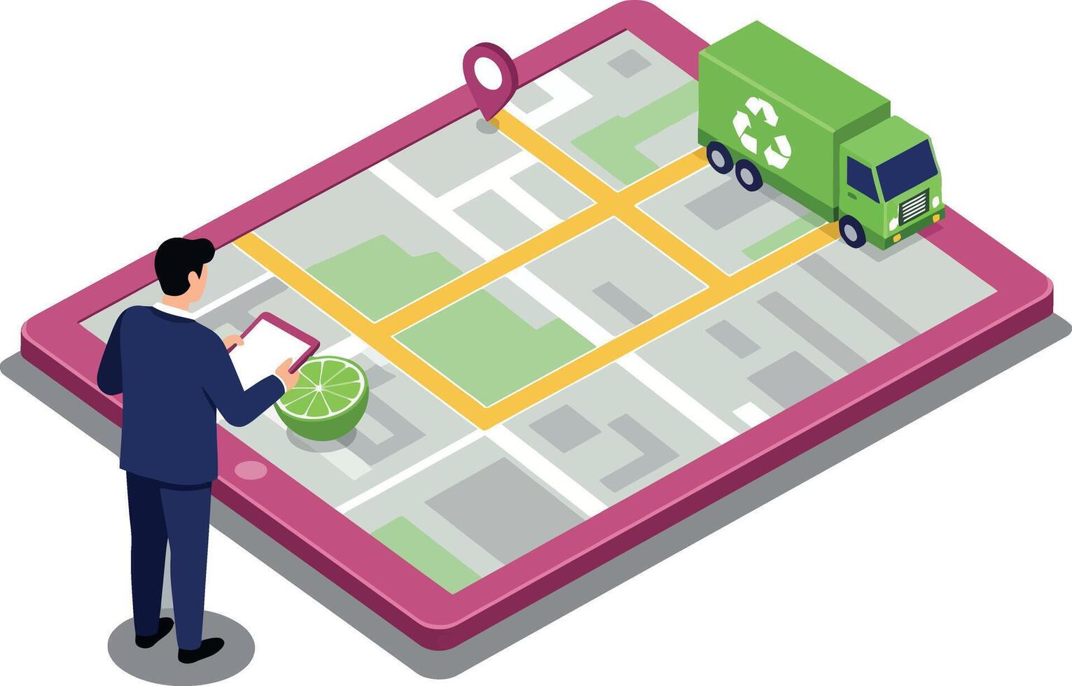 Man using digital tablet to track green recycling truck on city map flat design illustration vector
