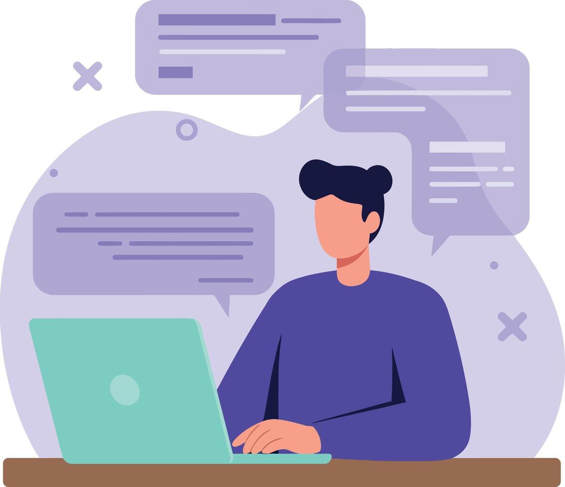 Young man typing on laptop with floating chat bubbles minimalist flat style illustration vector