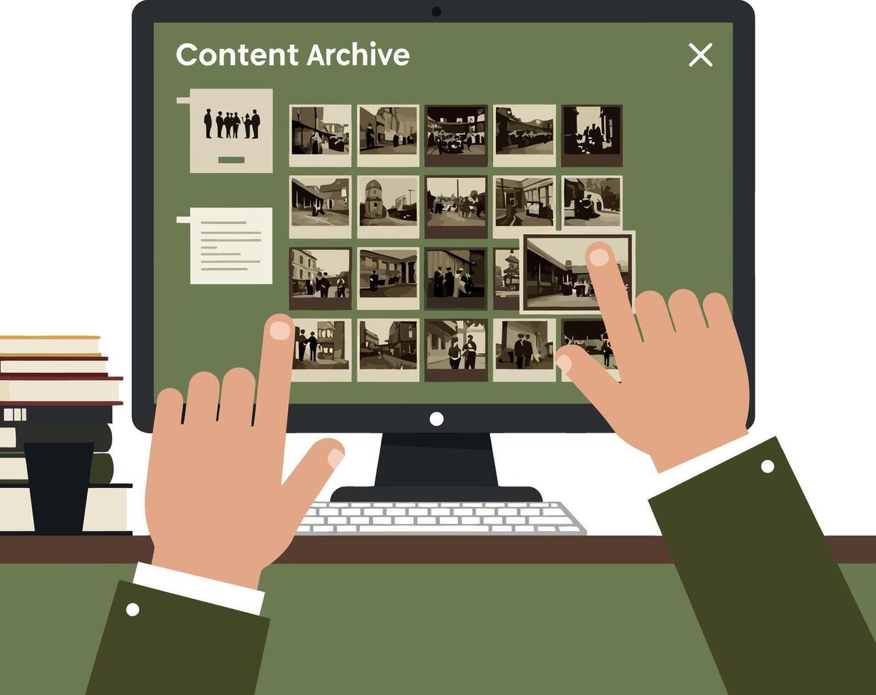 Hands interacting with digital photo archive on computer screen flat design illustration vector