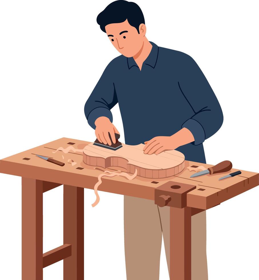 Man Crafting Wooden Violin on Workbench with Hand Tools Illustration vector