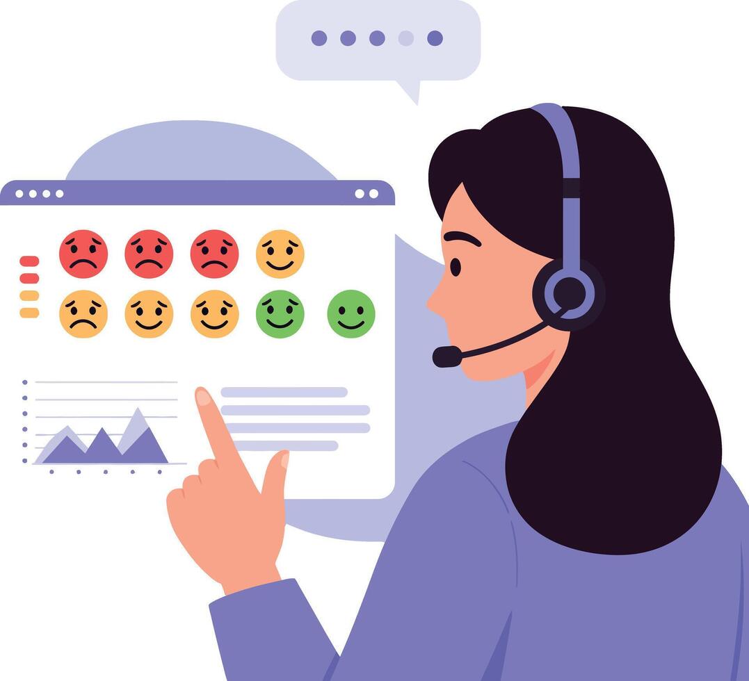 Customer service woman with headset analyzing feedback ratings and smiling emojis in flat digital interface illustration vector