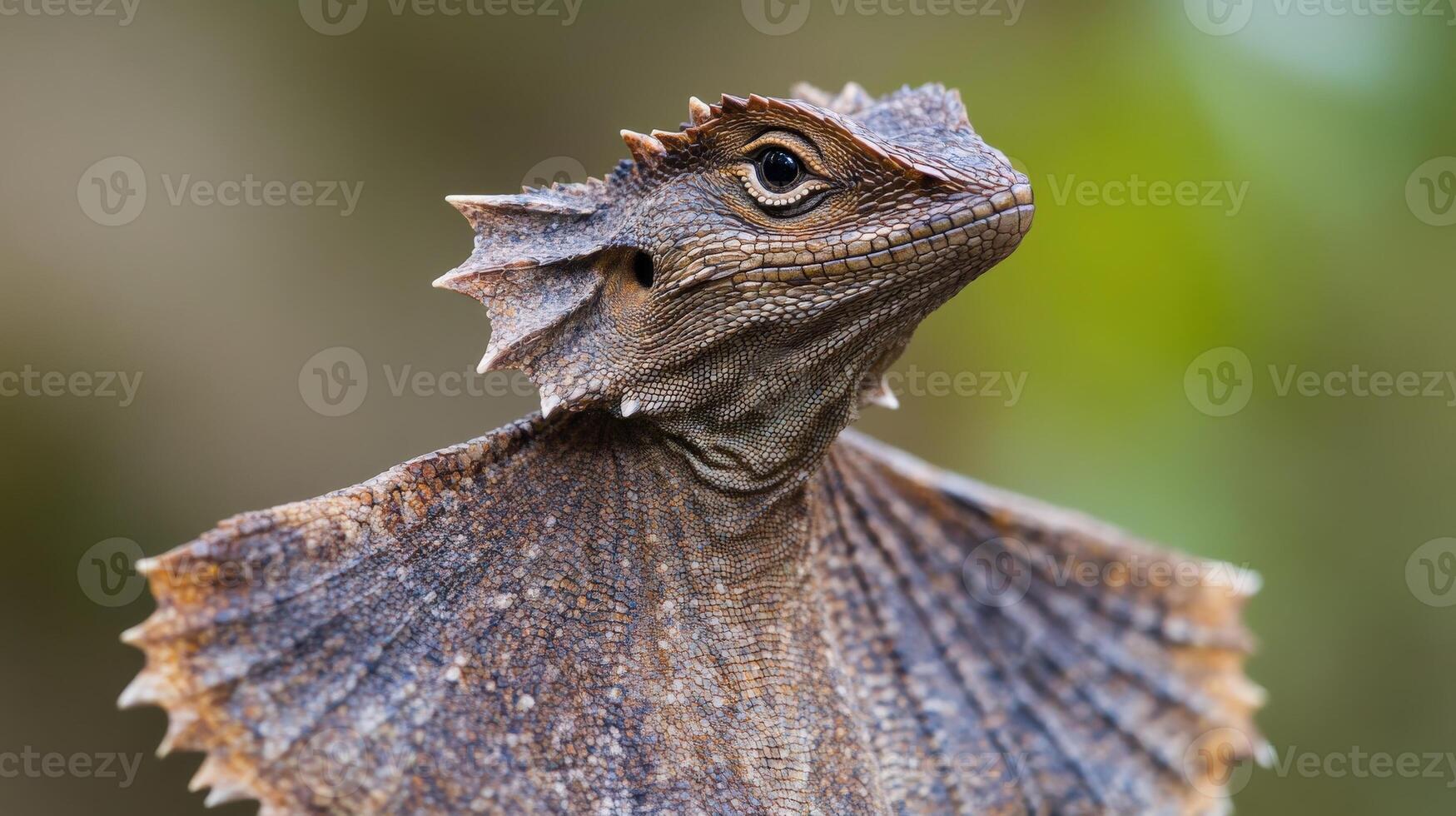 A close up portrait of a reptile with frill around head photo